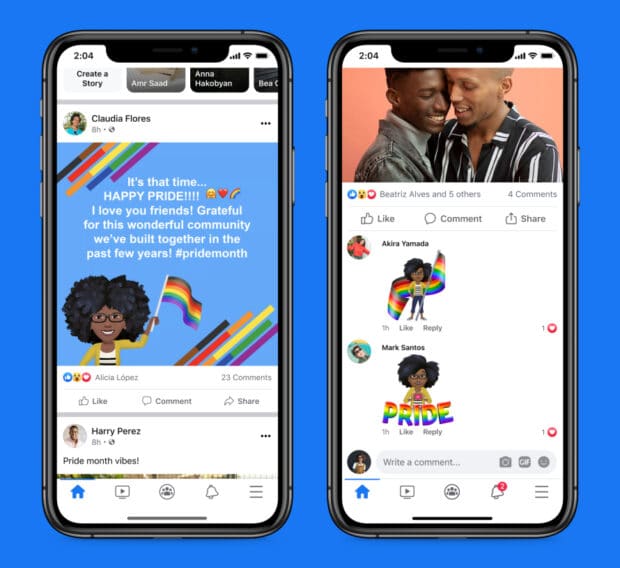 Facebook专用骄傲主题设计的两个iPhone屏幕截图：帖子背景和装有彩虹旗的化身