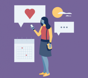 一个女人用日历图标，社交媒体心脏和周围的文字泡沫看着智能手机的插图。
