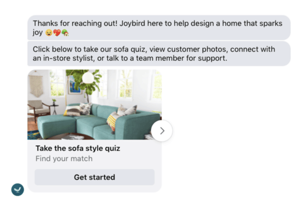 Joybird沙发风格测验在Facebook Messenger上