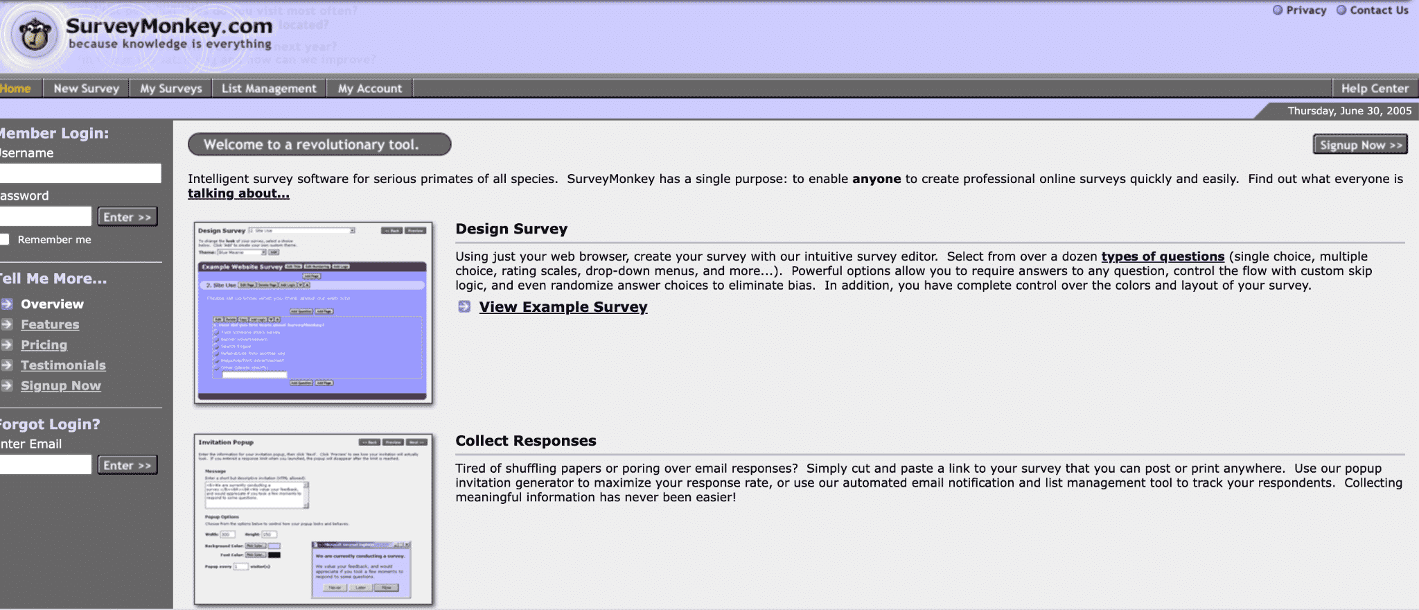 捕获D'écrande la page d'Accueil de surveymonkey datant de de2005。