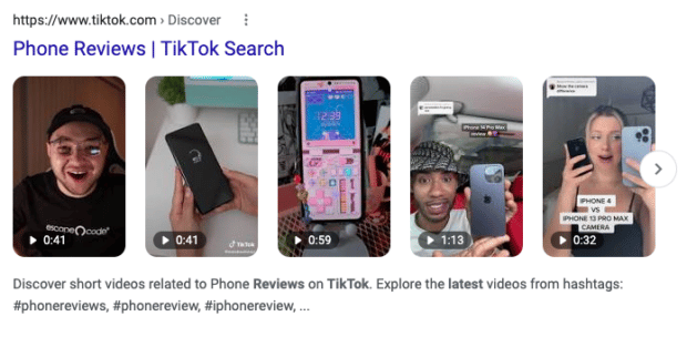 屏幕截图显示TikTok手机审查视频谷歌搜索结果页面